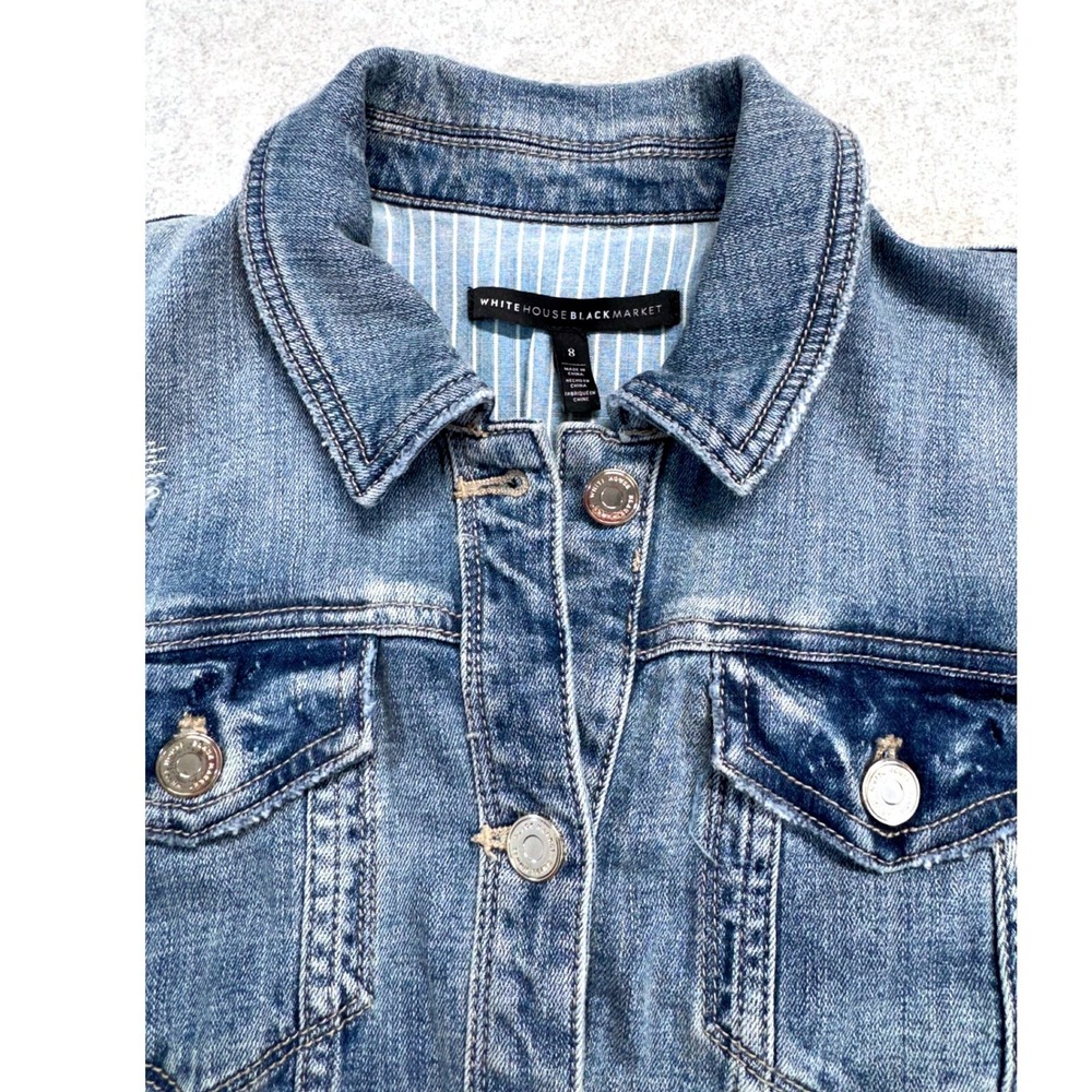 White House Black Market Distressed Denim Jacket Womens Sz 8 Stretch Jean Jacket - Picture 6 of 12